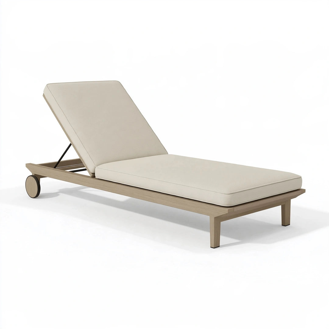 Gartenliege 200 x 70 cm aus Holz in Beige mit verstellbarer Rückenlehne und Rollen