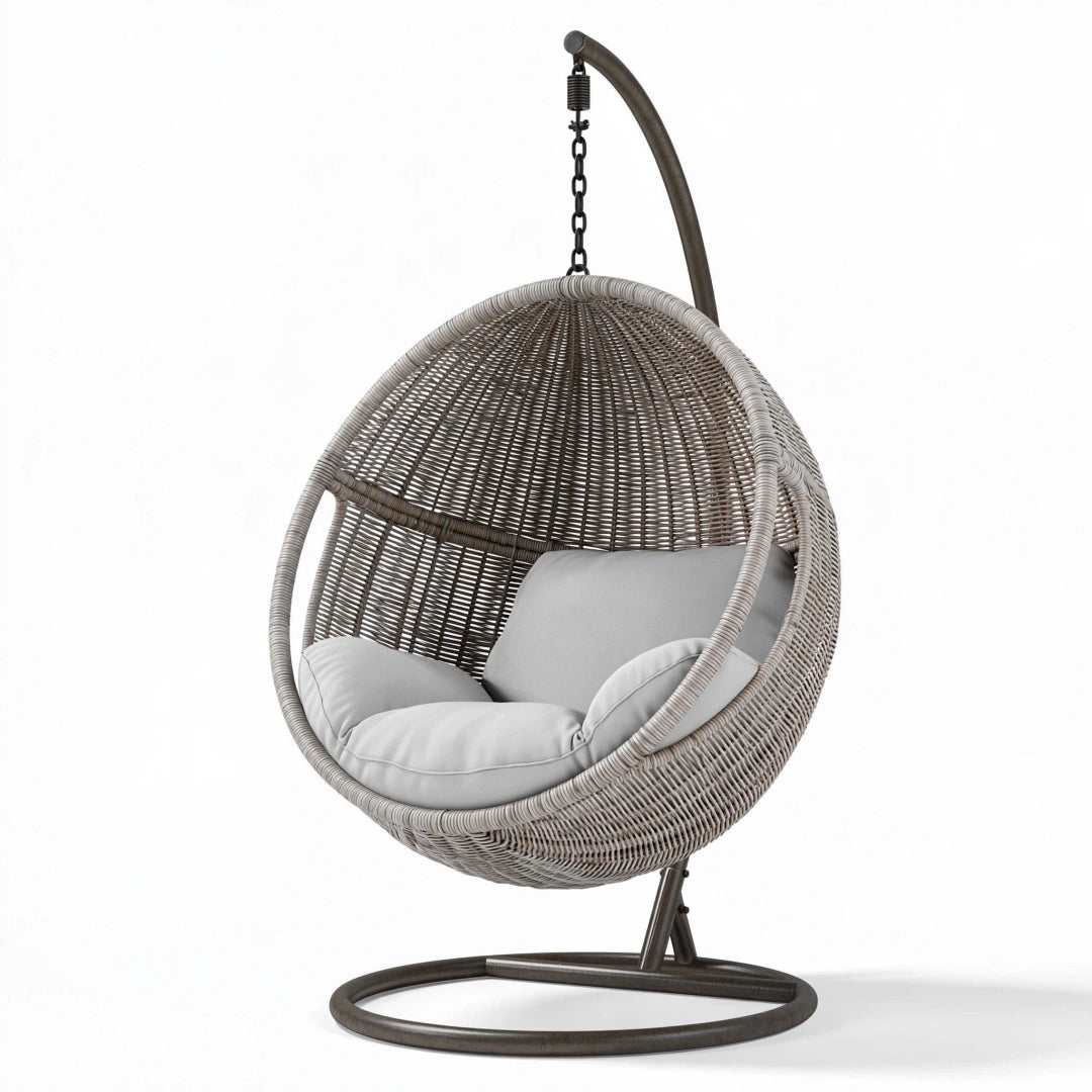 Hängesessel 105 x 105 x 195 cm Polyrattan Grau mit Stahlgestell für überdachten Außenbereich