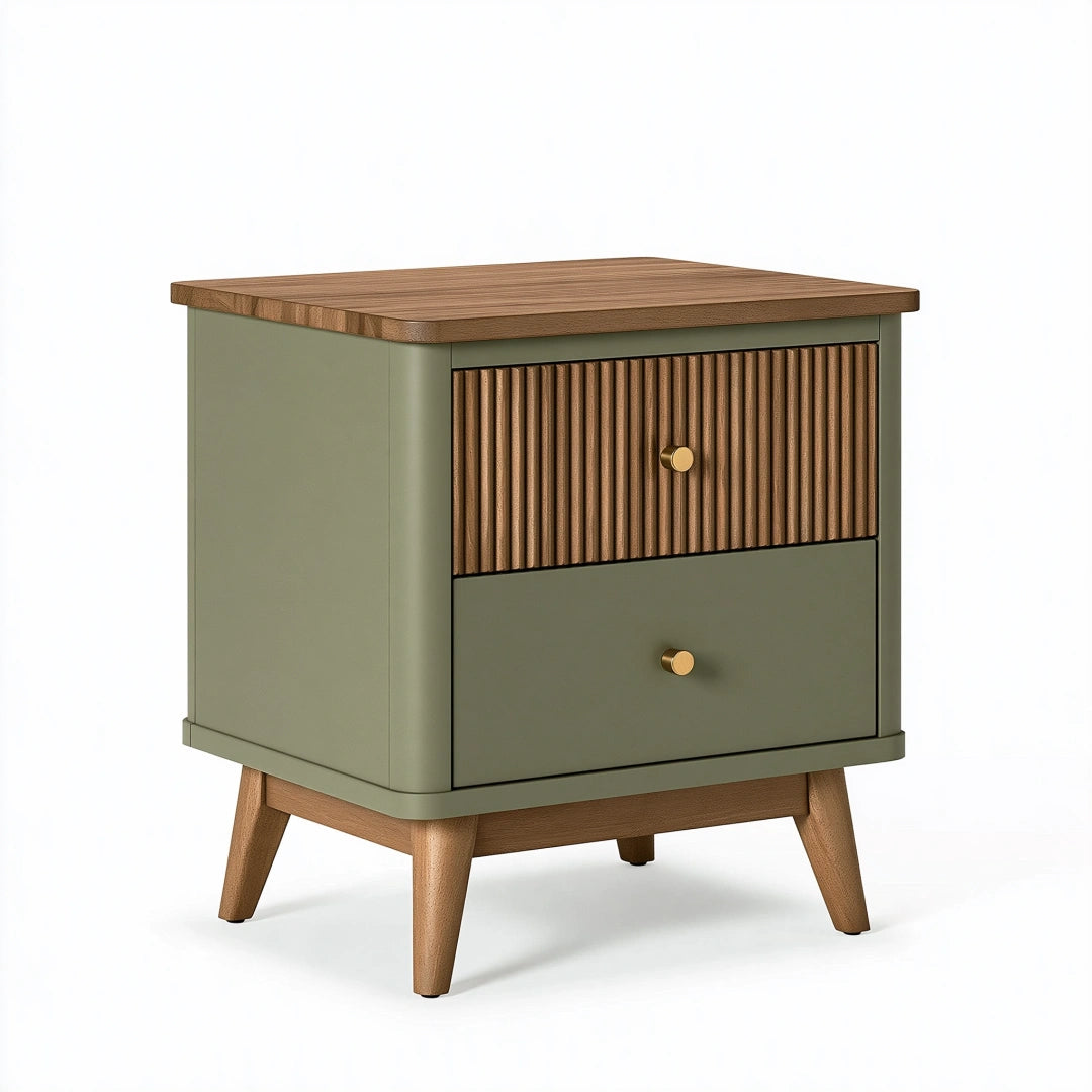 Nachtkommode 50 x 40 x 60 cm aus Holzwerkstoff Olivgrün Braun mit 2 Schubladen im Retro-Stil