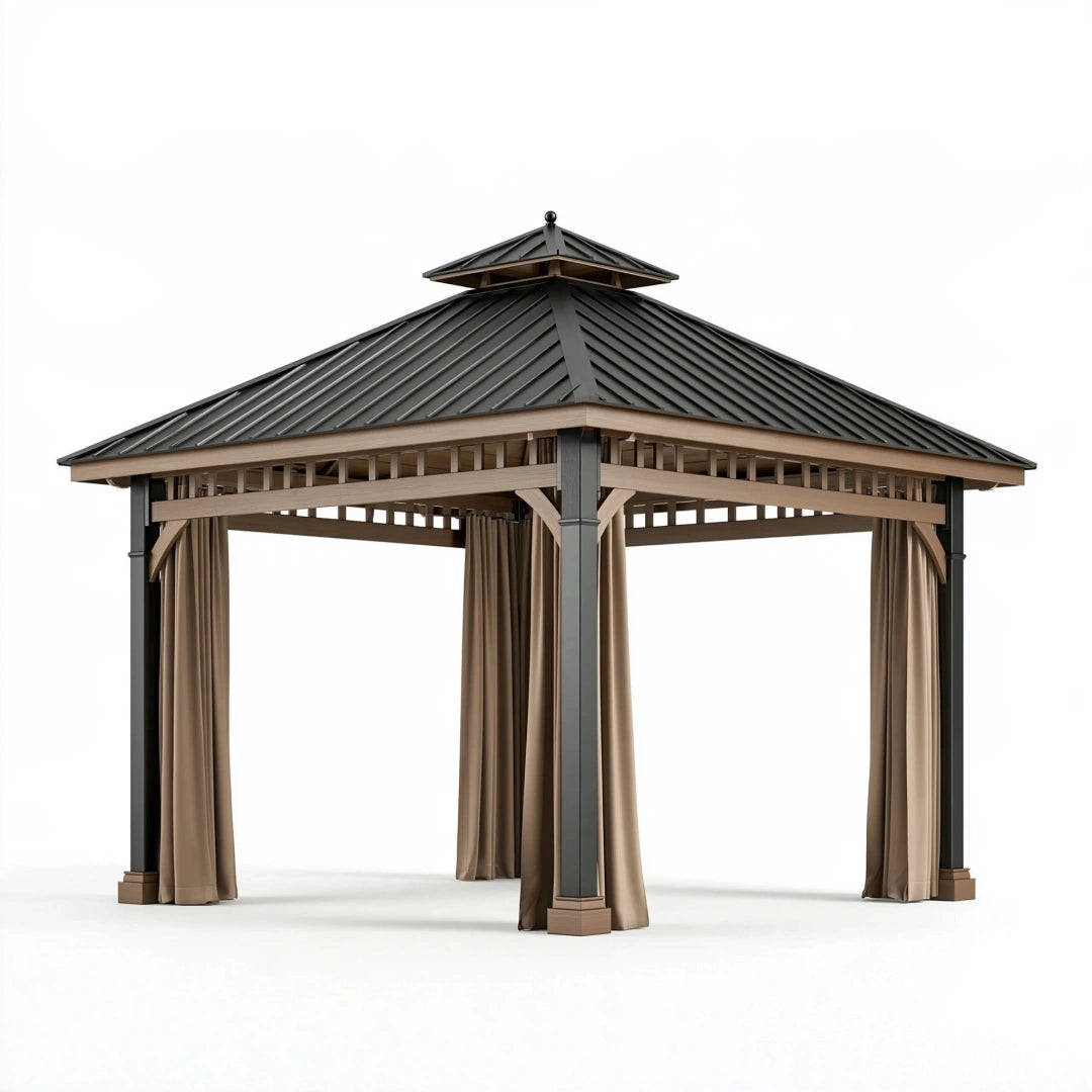 Gartenpavillon 300 x 300 x 300 cm Metall Braun mit Textilvorhängen für Terrasse
