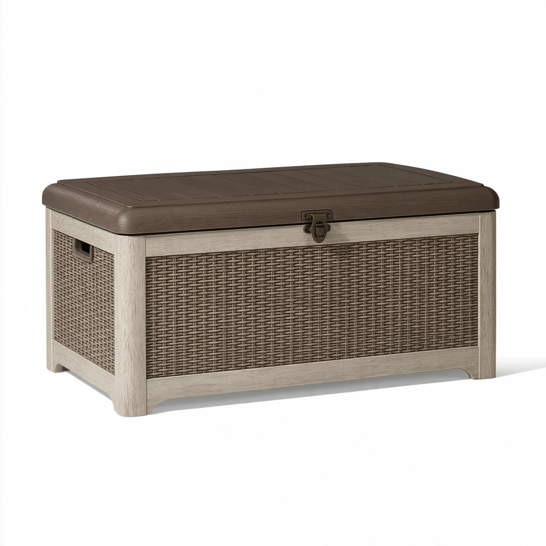 Garten Aufbewahrungsbox 120 x 55 x 60 cm Kunststoff Braun/Grau Flechtoptik mit Deckel