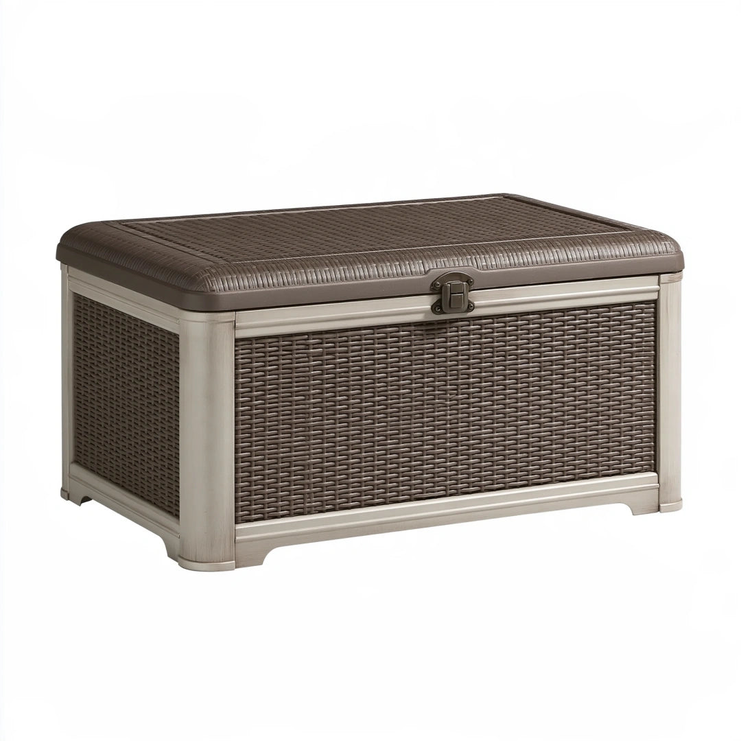 Garten-Aufbewahrungstruhe 120 x 60 x 65 cm Kunststoffgeflecht Braun Beige - rechteckige Truhe mit Deckel