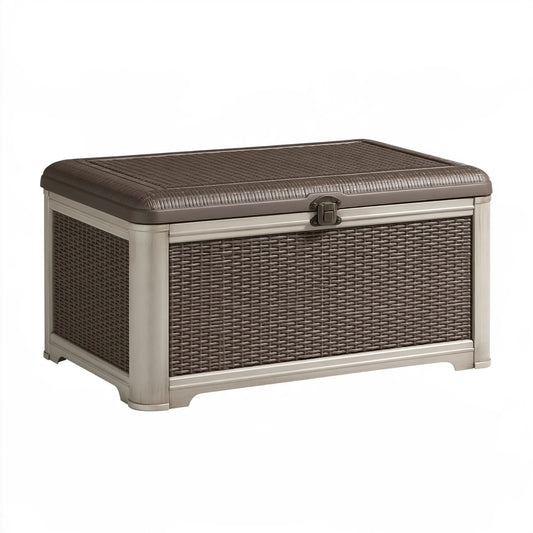 Garten-Aufbewahrungstruhe 120 x 60 x 65 cm Kunststoffgeflecht Braun Beige - rechteckige Truhe mit Deckel