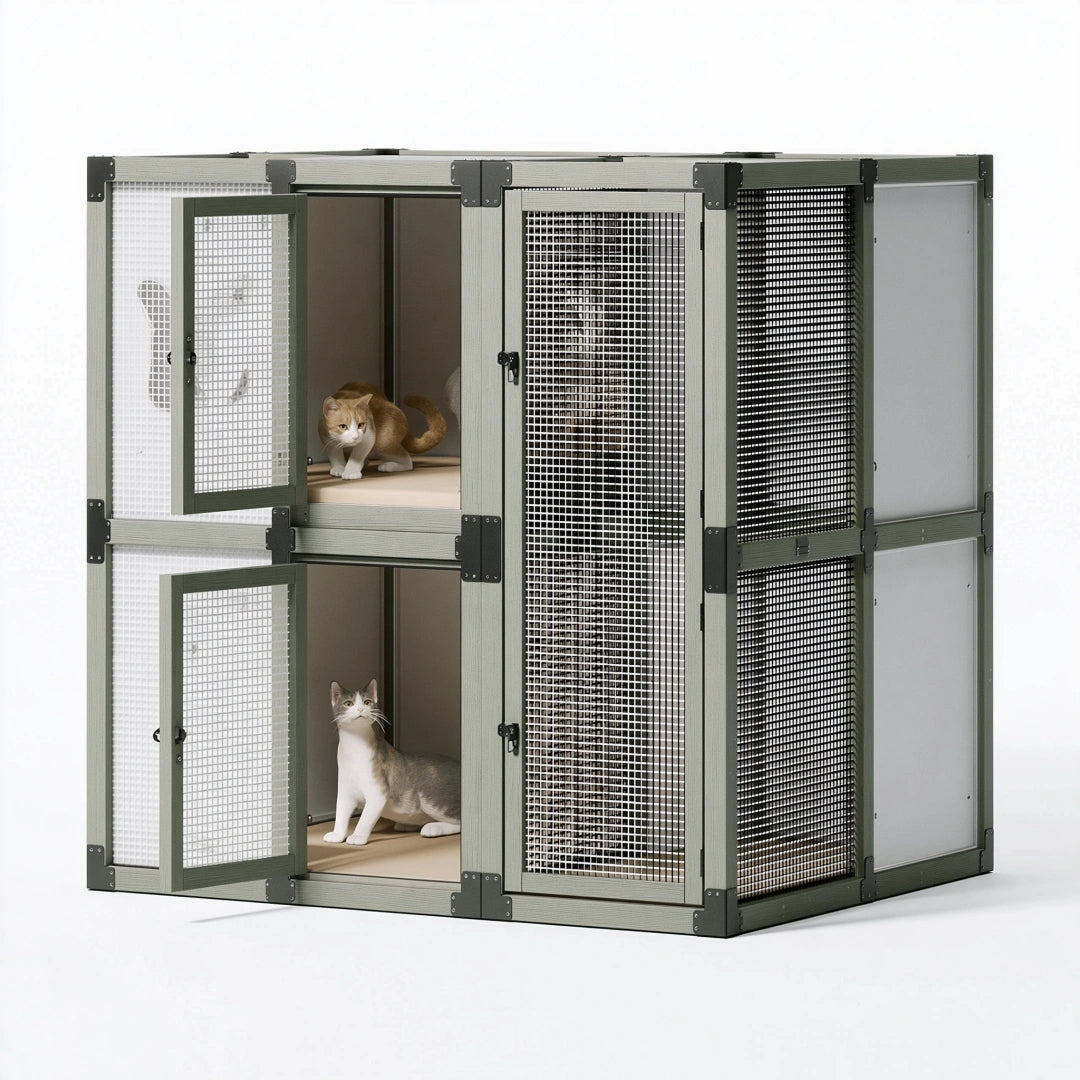 Katzengehege 180 x 90 x 180 cm Metallgeflecht Grau für Innenräume mit zwei Ebenen
