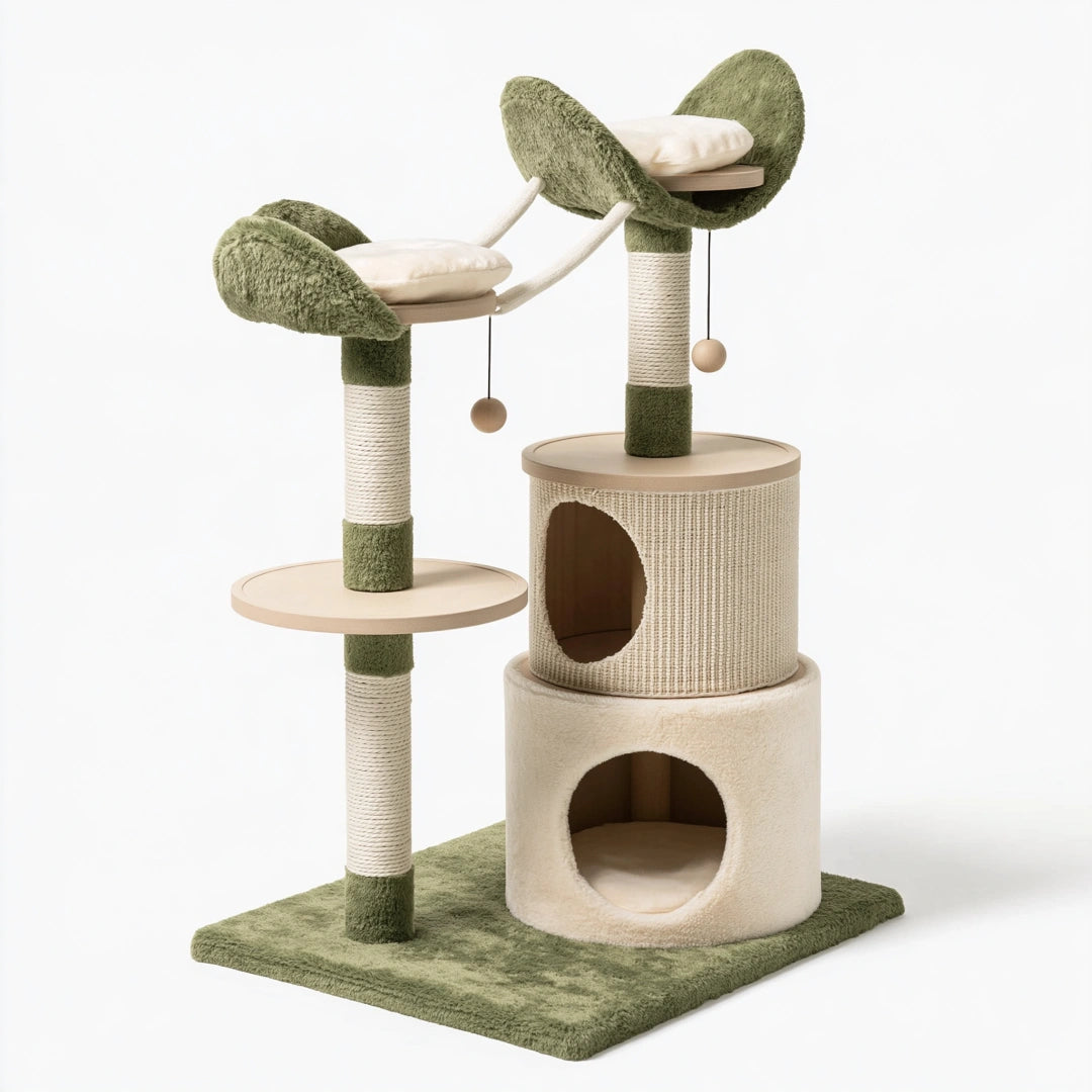 Kratzbaum 60 x 60 x 150 cm aus Sisal und Plüsch in Grün Beige mit Katzenhöhlen