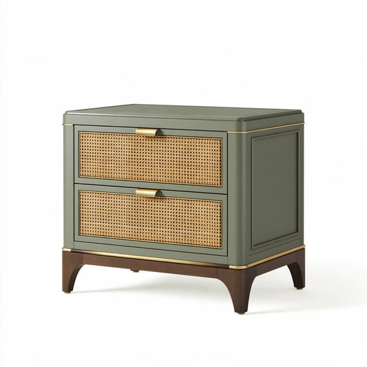 Nachtkommode 70 x 42 x 65 cm aus Holz in Olivgrün mit Rattan-Schubladen im Vintage-Stil