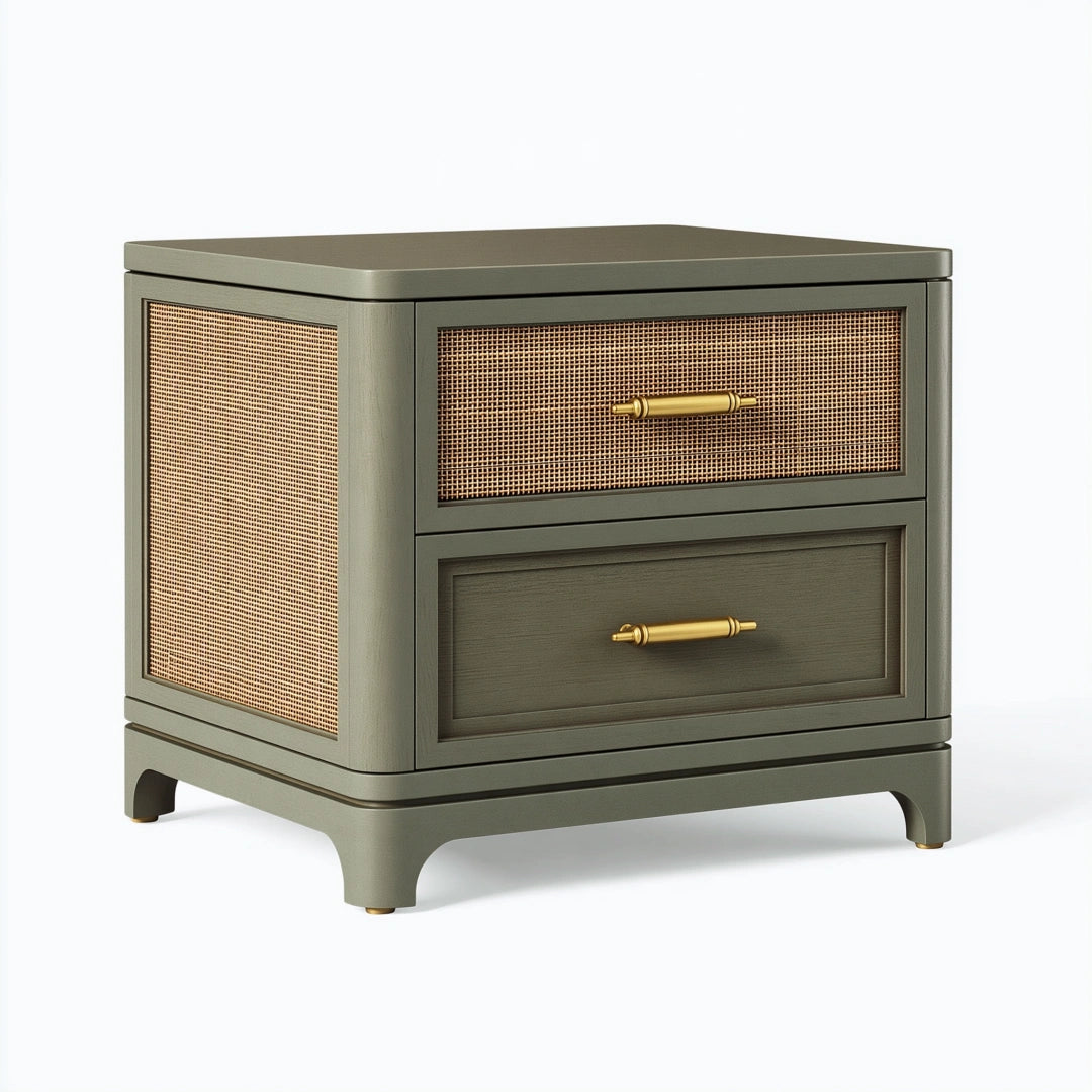 Nachttisch 55 x 45 x 55 cm Holz und Rattan Grün mit 2 Schubladen