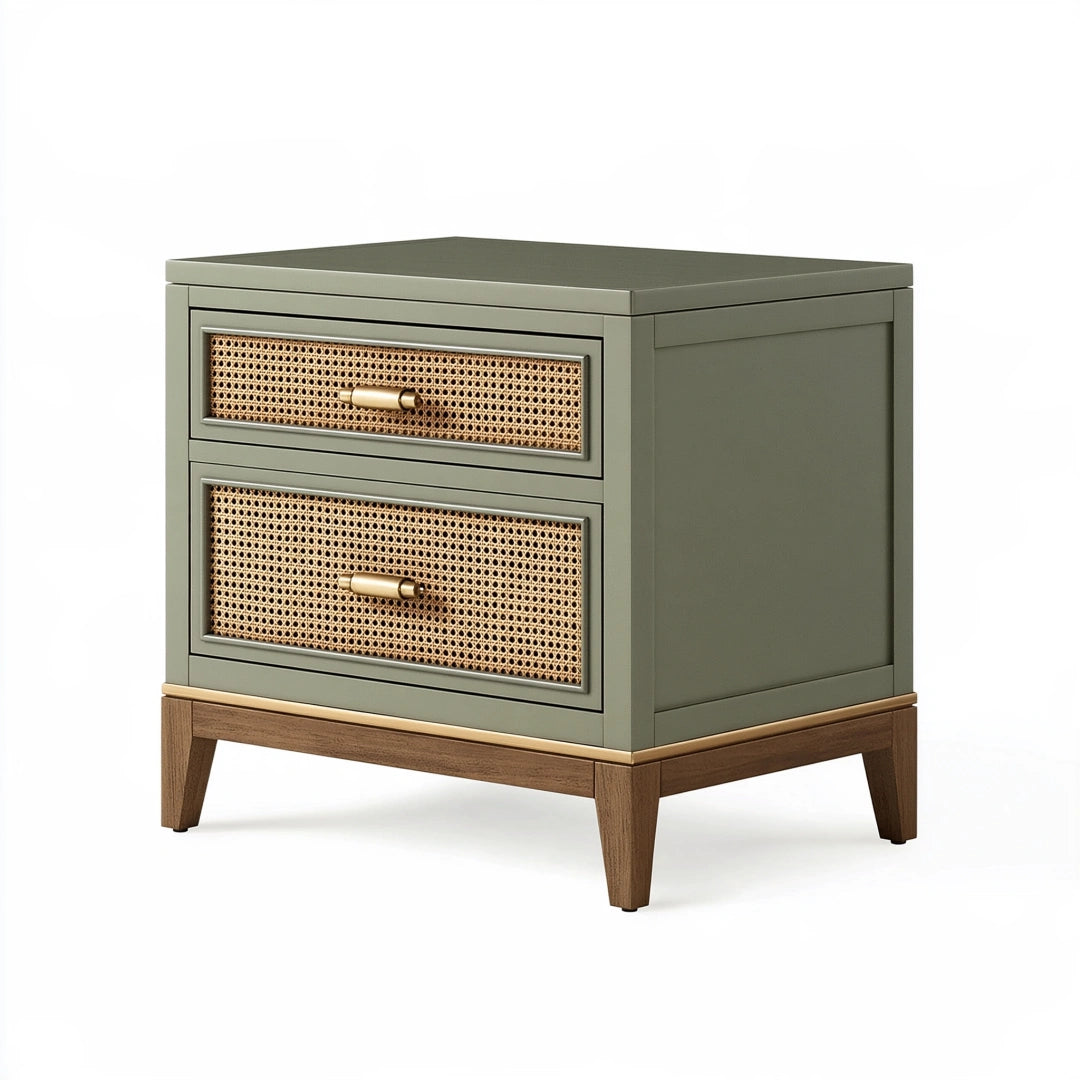 Nachttisch 55 x 40 x 60 cm aus Holz Grün mit Rattanfront im Retro-Stil