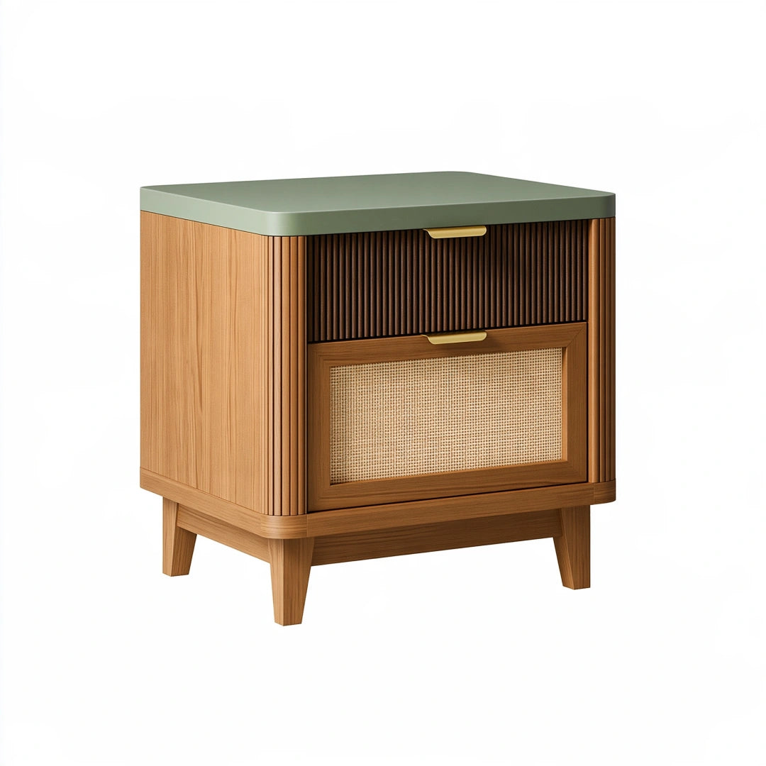 Nachttisch 50 x 40 x 60 cm aus Holz in Naturbraun mit Rattangeflecht - Stauraum im Retro-Stil