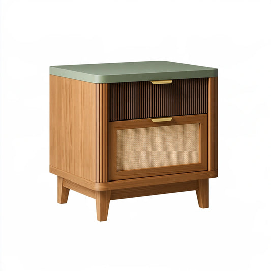 Nachttisch 50 x 40 x 60 cm aus Holz in Naturbraun mit Rattangeflecht - Stauraum im Retro-Stil