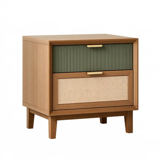 Nachttisch 60 x 40 x 70 cm Holz Natur/Grün mit Rattanfront Retro-Stil