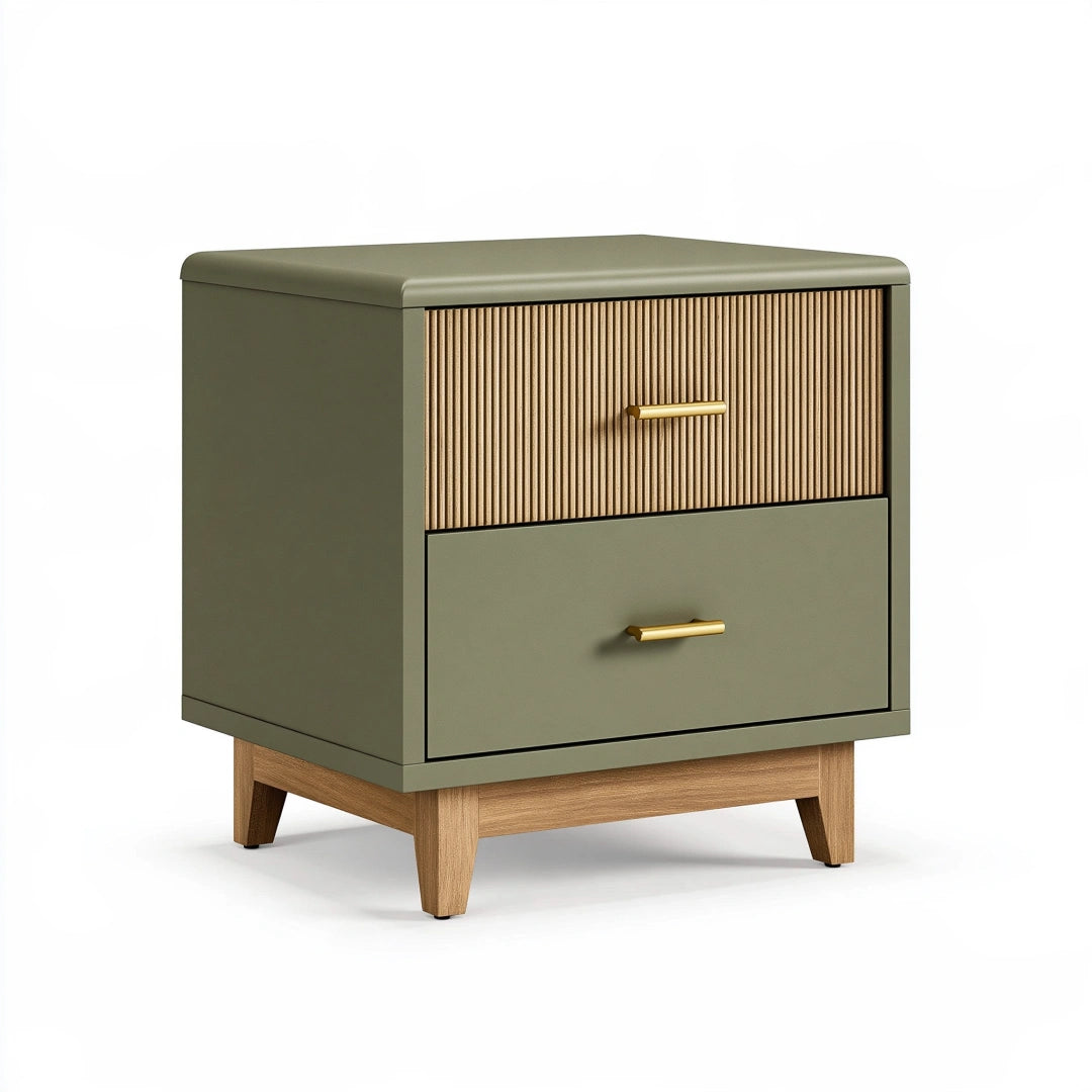 Nachttisch 50 x 40 x 60 cm aus Holz in Olivgrün mit 2 Schubladen im modernen Stil