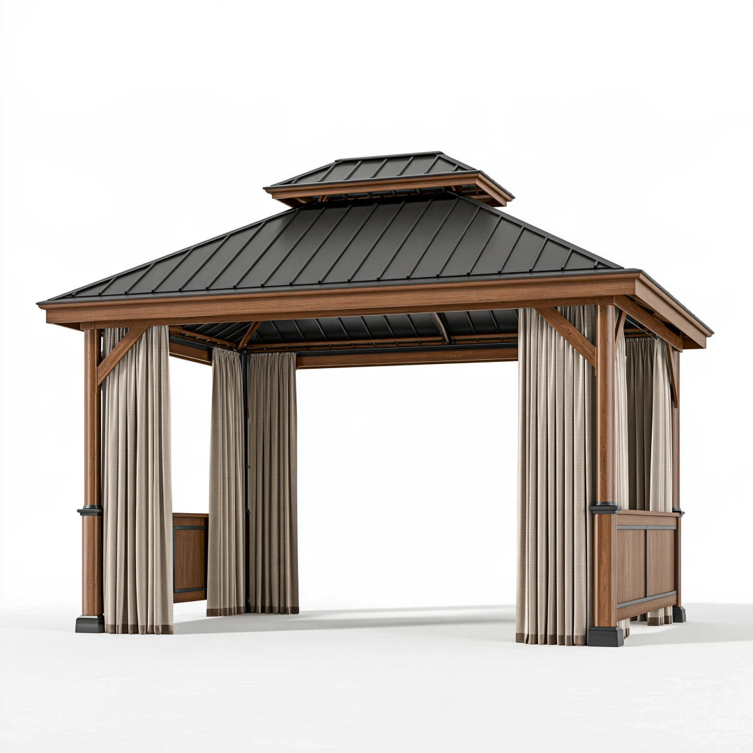 Gartenpavillon 400 x 300 cm Holzoptik mit Metall-Dach und Seitenvorhängen