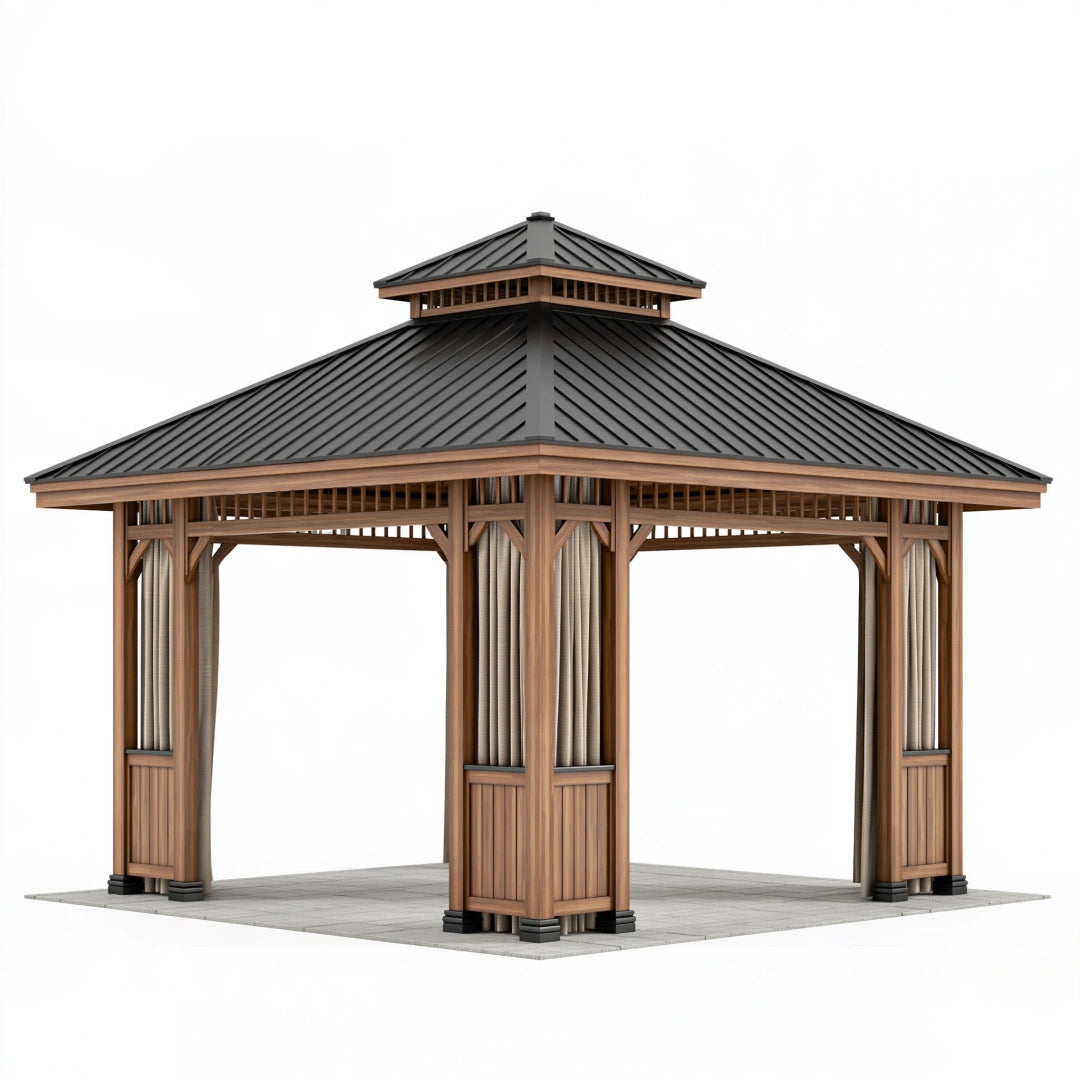 Pavillon 300 x 300 x 330 cm aus Holz und Metall in Braun Schwarz mit Vorhängen