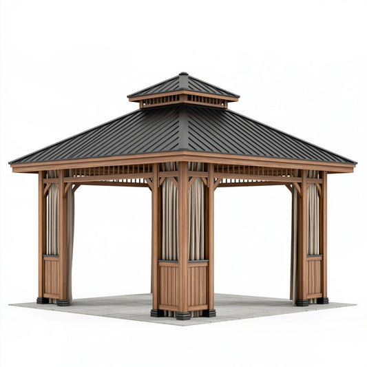 Pavillon 300 x 300 x 330 cm aus Holz und Metall in Braun Schwarz mit Vorhängen