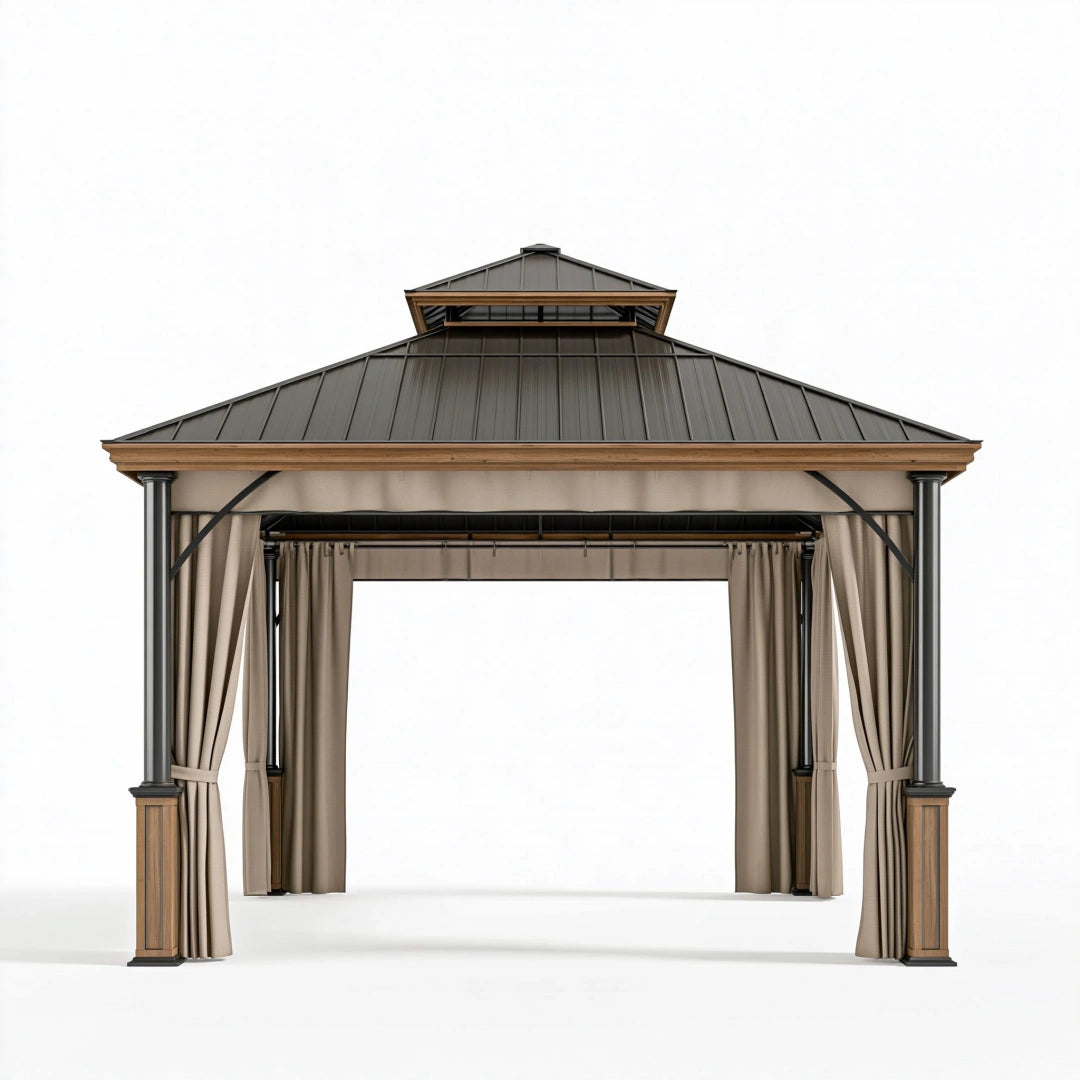 Gartenpavillon 300 x 300 cm Metall Holzoptik Taupe mit Vorhängen