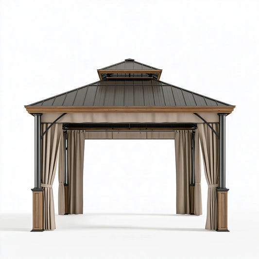 Gartenpavillon 300 x 300 cm Metall Holzoptik Taupe mit Vorhängen