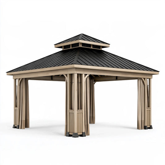 Gartenpavillon 300 x 300 x 300 cm Holz Metall Beige Schwarz mit Vorhängen