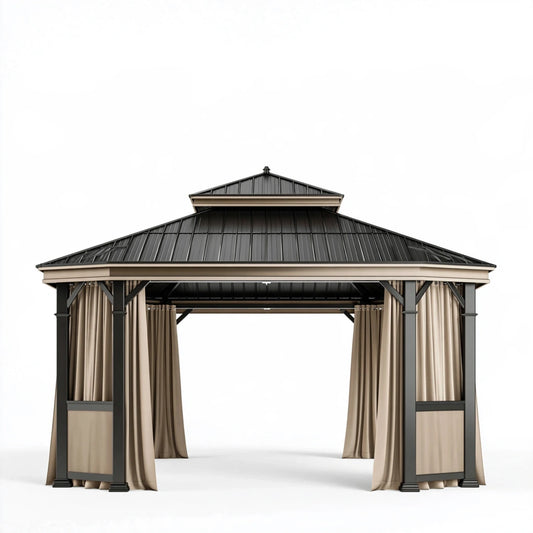 Pavillon 300 x 300 x 300 cm aus Stahl Schwarz Beige mit Metalldach und Seitvorhängen