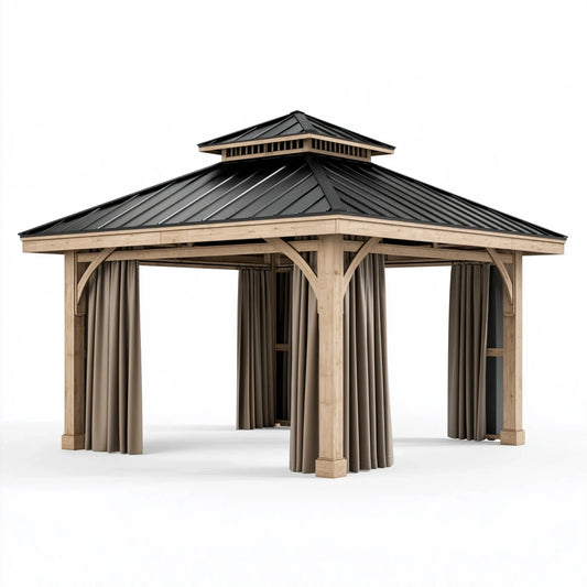 Gartenpavillon 400 x 400 x 330 cm Holz Schwarz Beige mit Metall Dach und Vorhängen