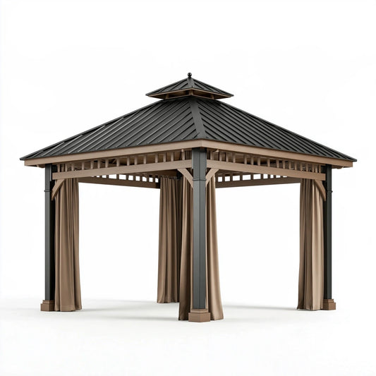 Gartenpavillon 300 x 300 x 300 cm Metall Braun mit Textilvorhängen für Terrasse