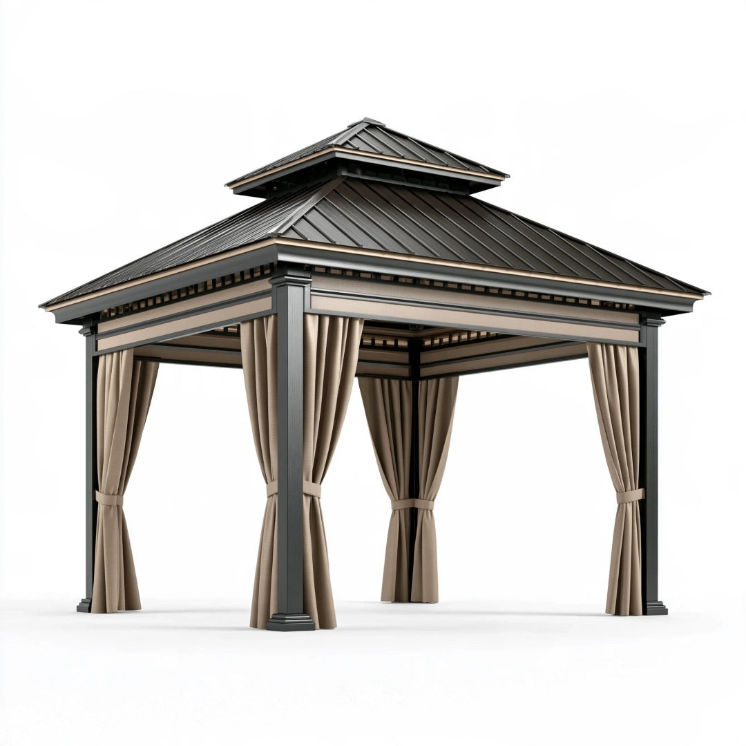 Gartenpavillon 300 x 300 x 300 cm Metall Anthrazit Beige mit Vorhängen