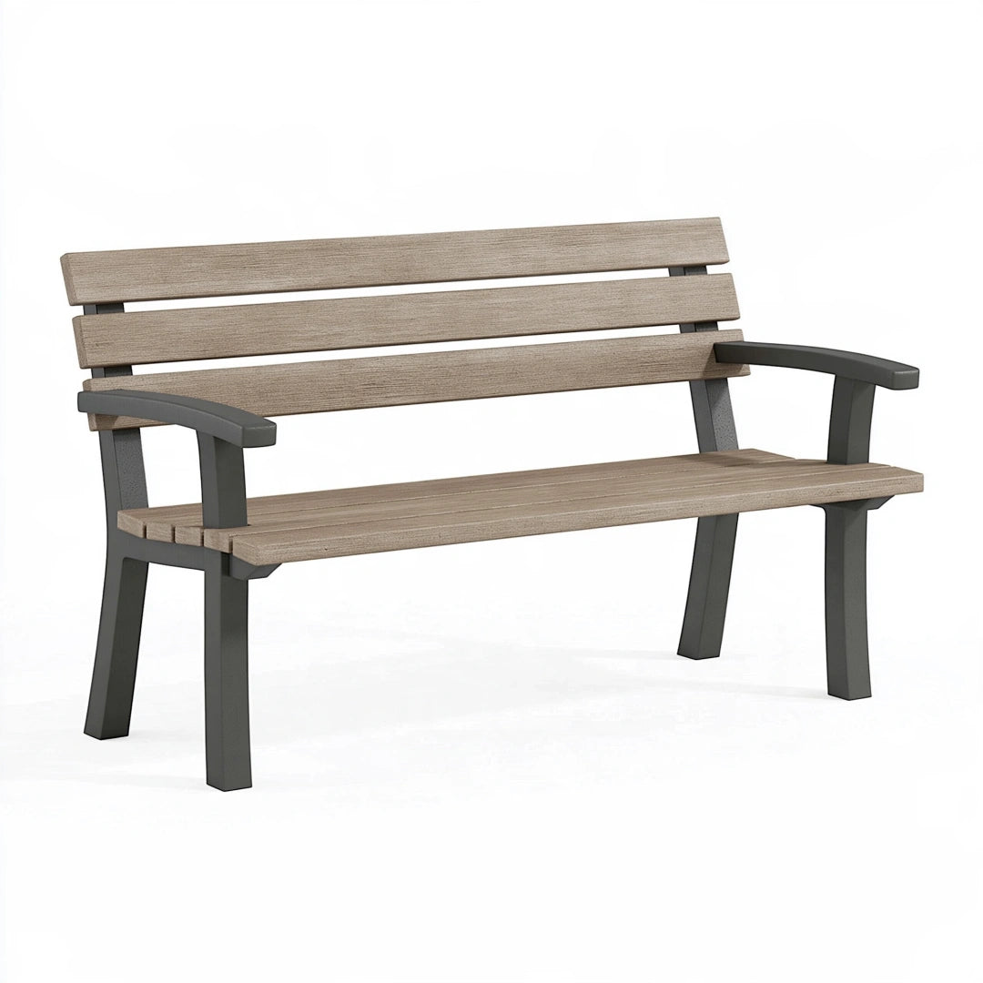 Gartenbank 120 cm Kunststoff Holzoptik Grau - Sitzbank mit Armlehnen